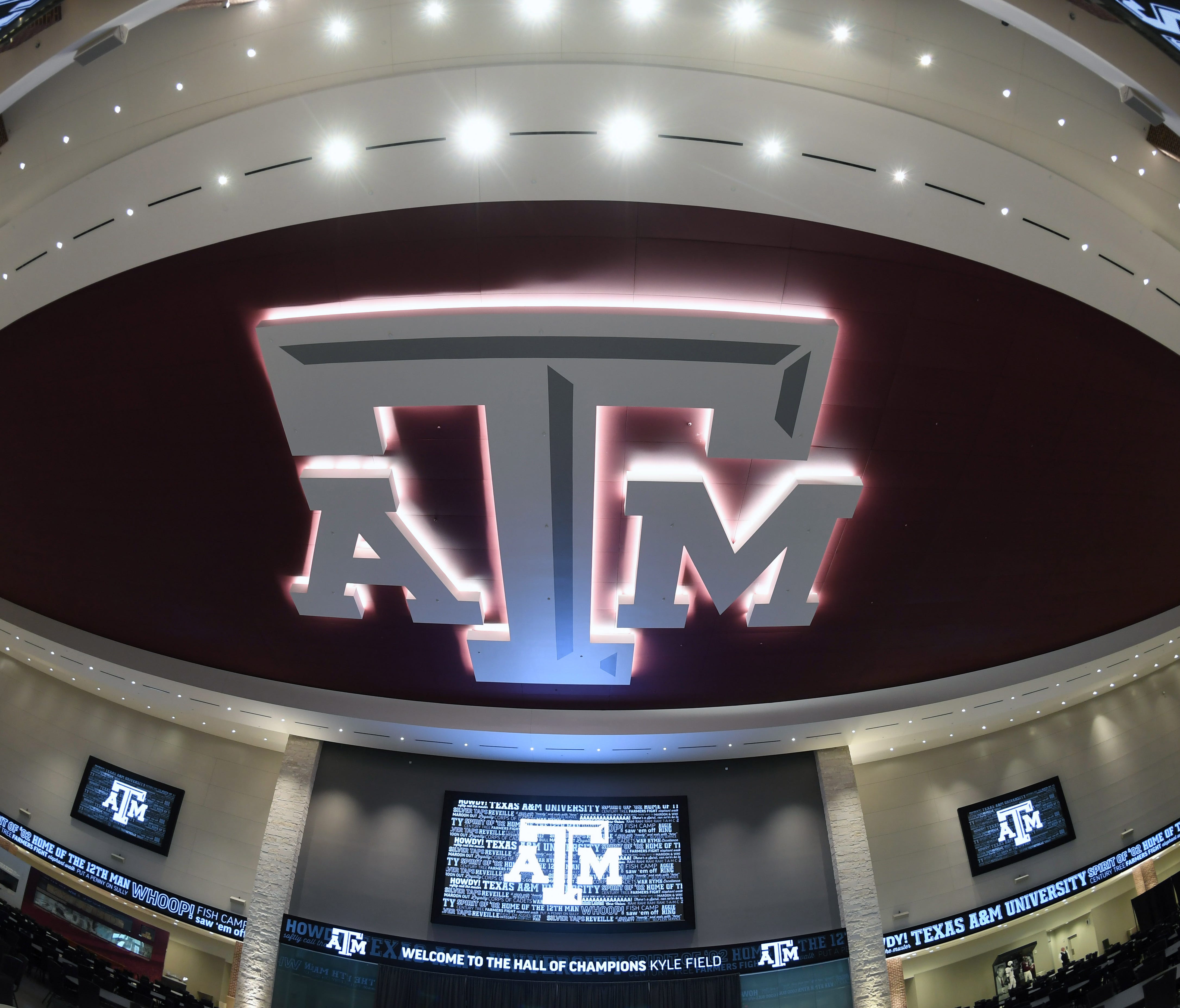 General overall view of the Texas A&M Aggies logo at the Hall of Champions at Kyle Field.