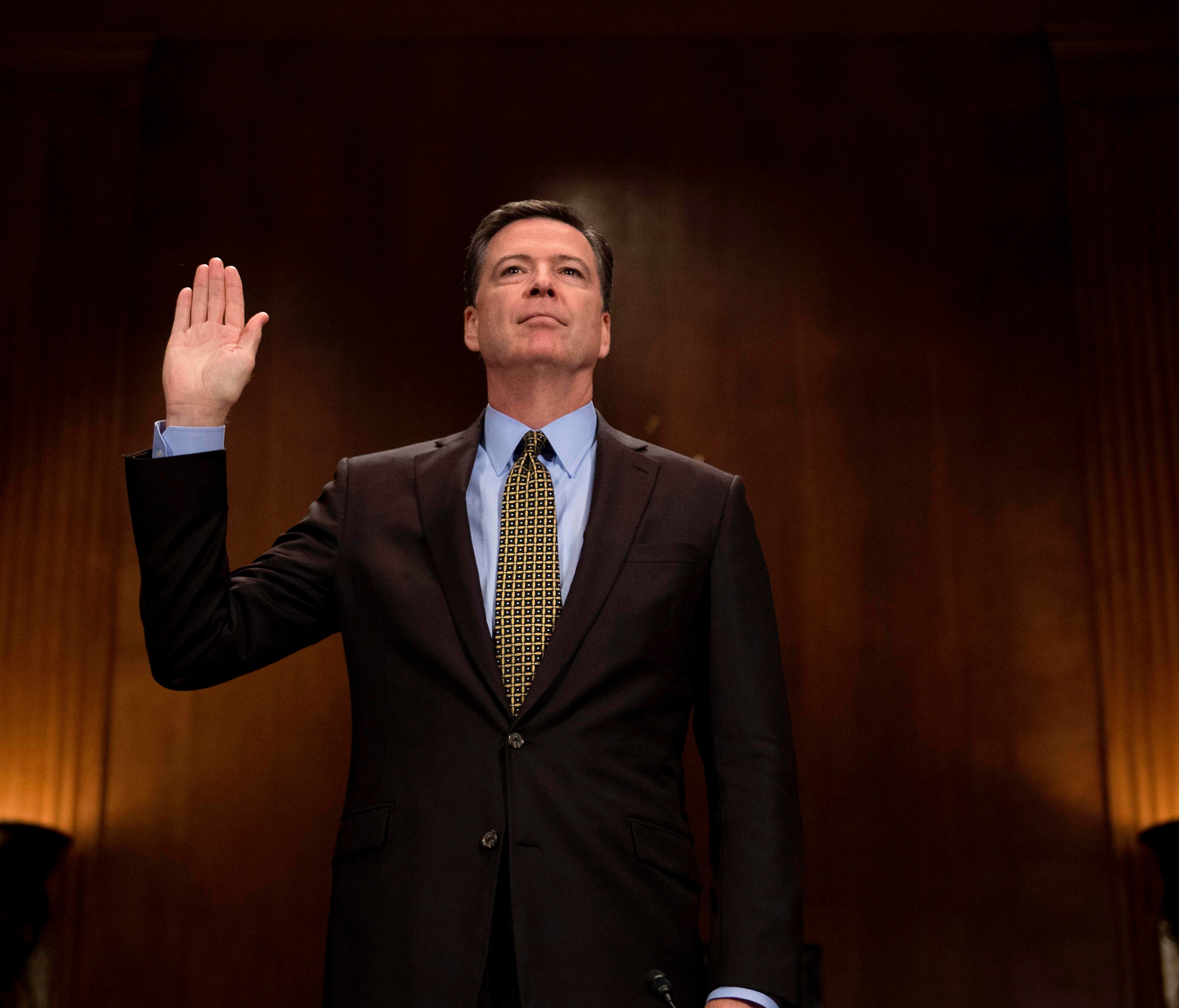 James Comey is sworn in prior to testifying before the Senate Judiciary Committee on May 3, 2017.