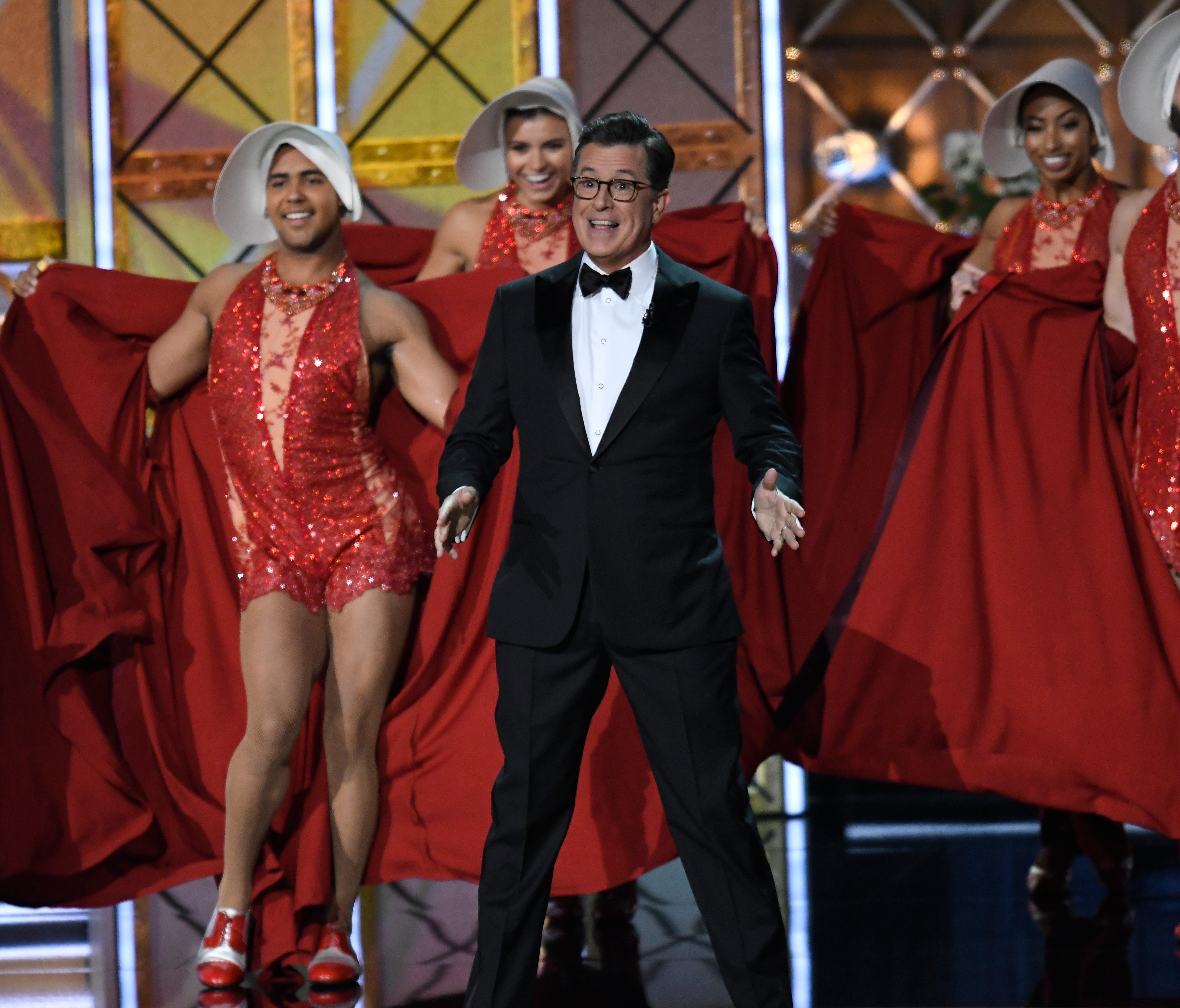 Colbert delivers the opening monologue during the 69th Emmy Awards.