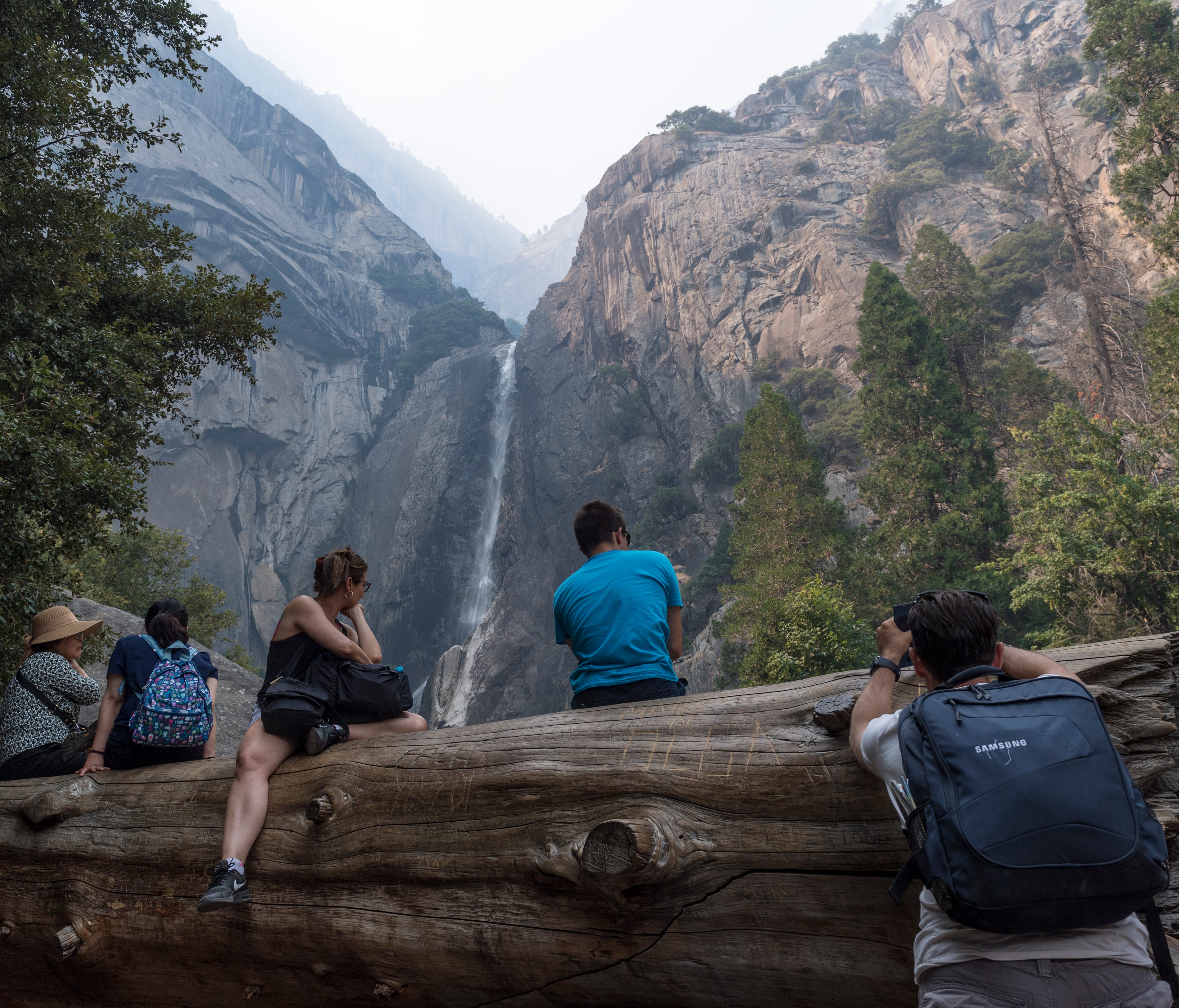 Lower Yosemite Falls is just one of the landmark vistas obscured by smoke from the Ferguson Fire in Yosemite National Park on Tuesday, July 24, 2018.
