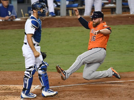 Game 7 at Dodger Stadium: Brian McCann slides home