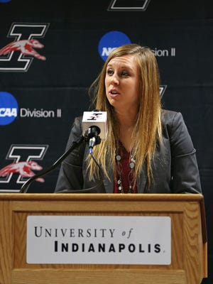 Kristin Drabyn speaks at a news conference about being hired as the University of Indianapolis's women's basketball coach, Wednesday, April 6, 2016, at the University of Indianapolis's Nicoson Hall.