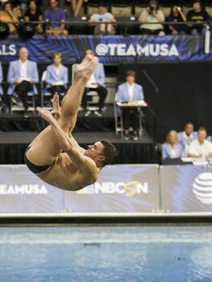 Troy Dumais competes in the Diving Olympics Trials in the 3 meter spring board semi-finals at the IUPUI Natatorium on June 20, 2016 in Downtown, IN. Dumais scored 856.10 overall and will move onto finals on June 25, 2016.