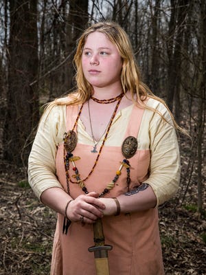 Jodie Giacalone, from Norsemen of Michigan living history group, poses for a portrait during Viking Fest in Whitestown, Ind., Saturday, April 21, 2018. The three day festival celebrates viking culture through demonstrations, performances and cuisine and is open Sunday, April 22, from 10 a.m. to 2 p.m.