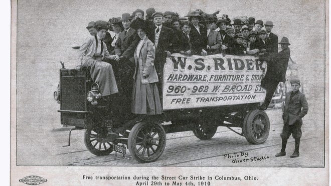 Columbus residents catch a free ride on a delivery truck belonging to the W.S. Rider Hardware Co. during the 1910 streetcar strike. The strike began April 29, 1910, when Columbus Railway and Light Co. employees went on strike over poor working conditions. They hoped to secure higher wages, job stability and union recognition. On Oct. 18, the union admitted defeat, and hundreds of workers either returned to work or found other employment.