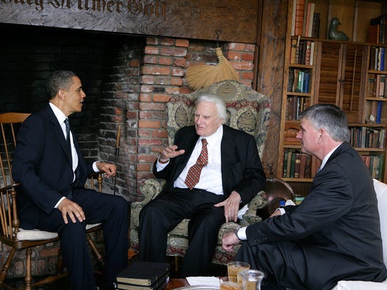 President Obama meets with Rev. Billy Graham at the evangelist's home, along with Graham's son and successor Rev. Franklin Graham, right.