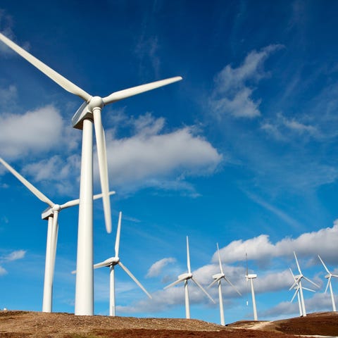 Wind turbines.