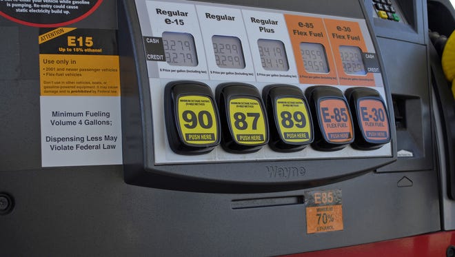 A pump in Lawrence, Kan., with various grades of fuel, including E15, which contains 5 percent more ethanol than the 10 percent norm at most U.S. gas stations.