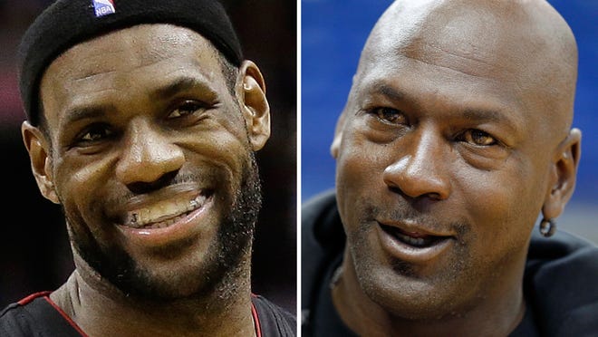 FILE - At left is a June 16, 2013,  file photo showing LeBron James. At right is an Oct. 2, 2012,  file photo showing Michael Jordan. LeBron James has often avoided talking about trying to match Michael Jordan’s accomplishment. Now he’s chasing ‘the ghost’ of arguably the greatest player in NBA history. (AP Photo/File
