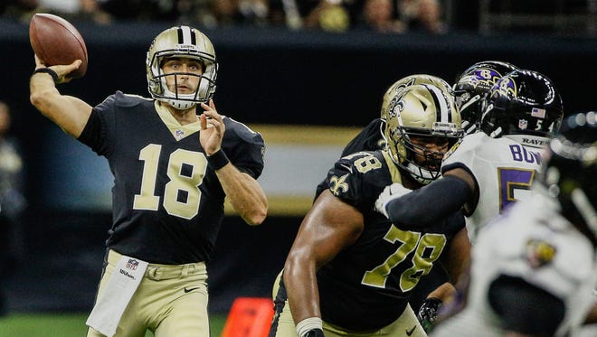 Former CSU quarterback Garrett Grayson, shown throwing a pass for the New Orleans Saints in a preseason game against the Baltimore Ravens, was waived Wednesday by the Atlanta Falcons.