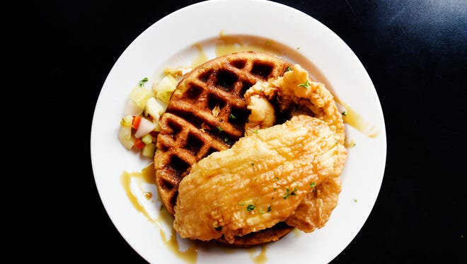 Abby Singer’s Bistro's 318 Restaurant Week $10 lunch special is  signature Chicken & Waffles — fried chicken breast over sweet buttermilk waffles with Abby’s syrup and pickled relish. Tea or soft drink included.