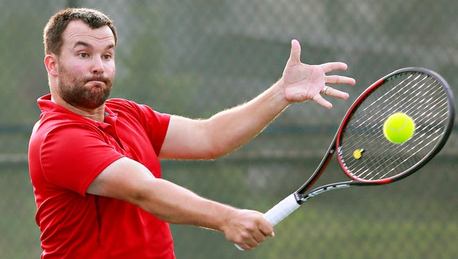 Two-time defending champion and York City-County Tennis Tournament director Phil Myers, seen here in a file photo, returns a ball. The 2019 tournament is set to begin on Wednesday at Wisehaven Tennis Center.