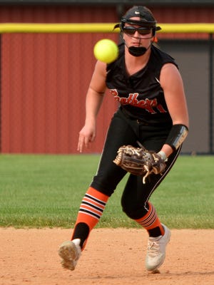 Central York's Lorna Colberg tracks down a Kennard-Dale grounder during the York-Adams softball championship at New Oxford High School, Wednesday, May 17, 2017.  John A. Pavoncello photo