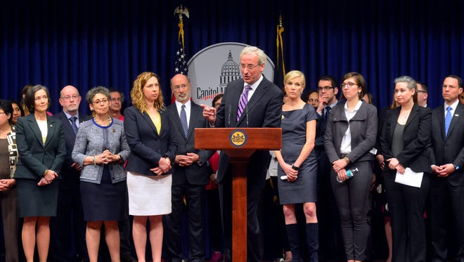 Rep. Dan Frankel, D-Allegheny, joins Gov. Tom Wolf; Cecile Richards, president of Planned Parenthood Federation of America; and legislators to discuss the repercussions of House Bill 1948 on Monday April 11, 2016. 
John A. Pavoncello photo
