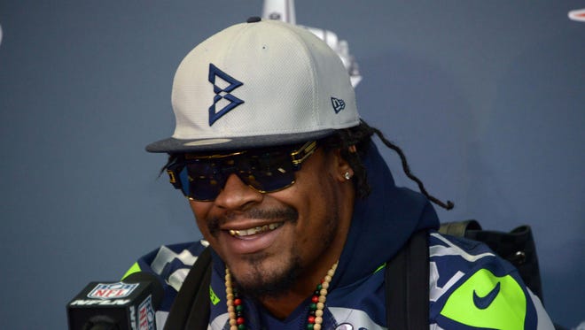 Jan 29, 2015: Seattle Seahawks running back Marshawn Lynch (24) at press conference at Arizona Grand in advance of Super Bowl XLIX.