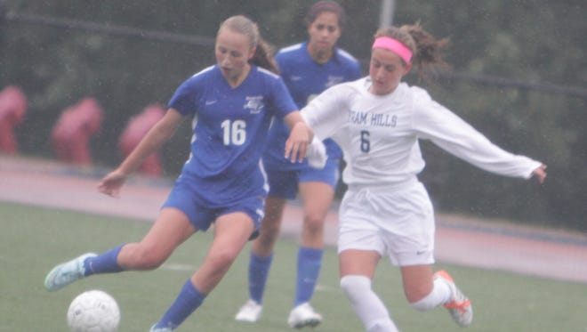 Bronxville's Rachel Peacock (16), pictured here in a game against Byram Hills on October 2nd, 2015, had two goals and an assist in the team's 3-2 win against Ardsley on Thursday, October 16th, 2015.