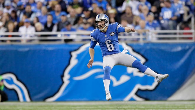 Detroit Lions punter Sam Martin watches his kickoff against the Minnesota Vikings on Dec. 14, 2014.