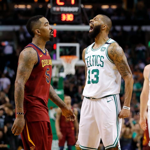 Boston Celtics forward Marcus Morris (13) reacts...