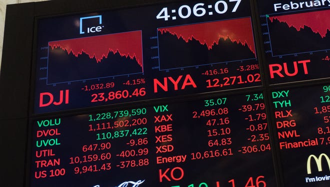 The closing numbers are displayed after the closing bell at the New York Stock Exchange on Wall Street on Thursday, when the Dow closed 10 percent below its late January all-time high, putting it in correction territory for the first time in two years.