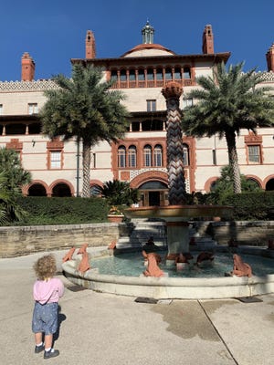 Frogs spray water and turtles decorate the center of the fountain in front of Flagler's Ponce de Leon Hotel, now Flagler College in St. Augustine.