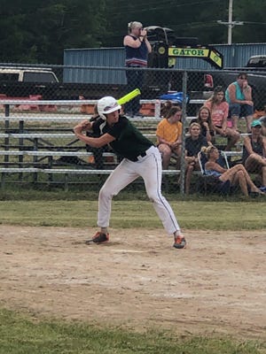 Tate Besteman of GFL steps to the plate during a baseball game against Mackinaw City. Besteman went 3-for-3 in Game 2, and was also the winning pitching in the opening contest of a doubleheader Monday.