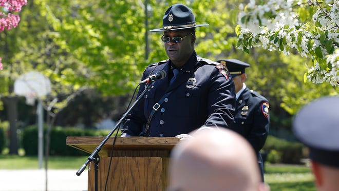 State Patrol Capt. Tony Burell speaks during the National Law Enforcement Officers Memorial Ceremony Wednesday May 18, 2016 in Hamilton Park in Fond du Lac.