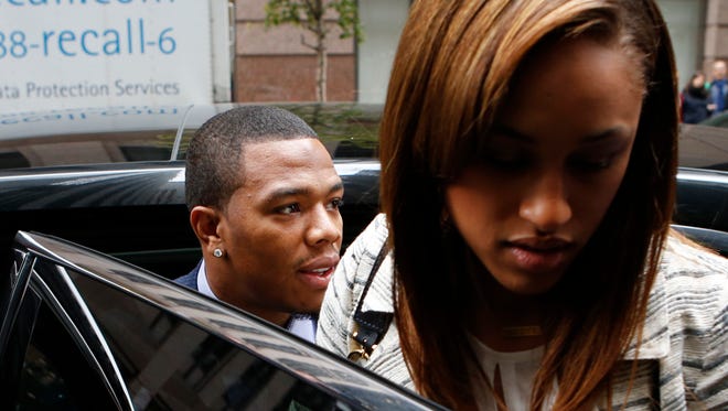 Ray Rice arrives with his wife Janay for an appeal hearing of his indefinite suspension from the NFL on Nov. 5 in New York. Janay's interview with NBC's "Today" show will be broadcast Monday. A second segment will be shown Tuesday.