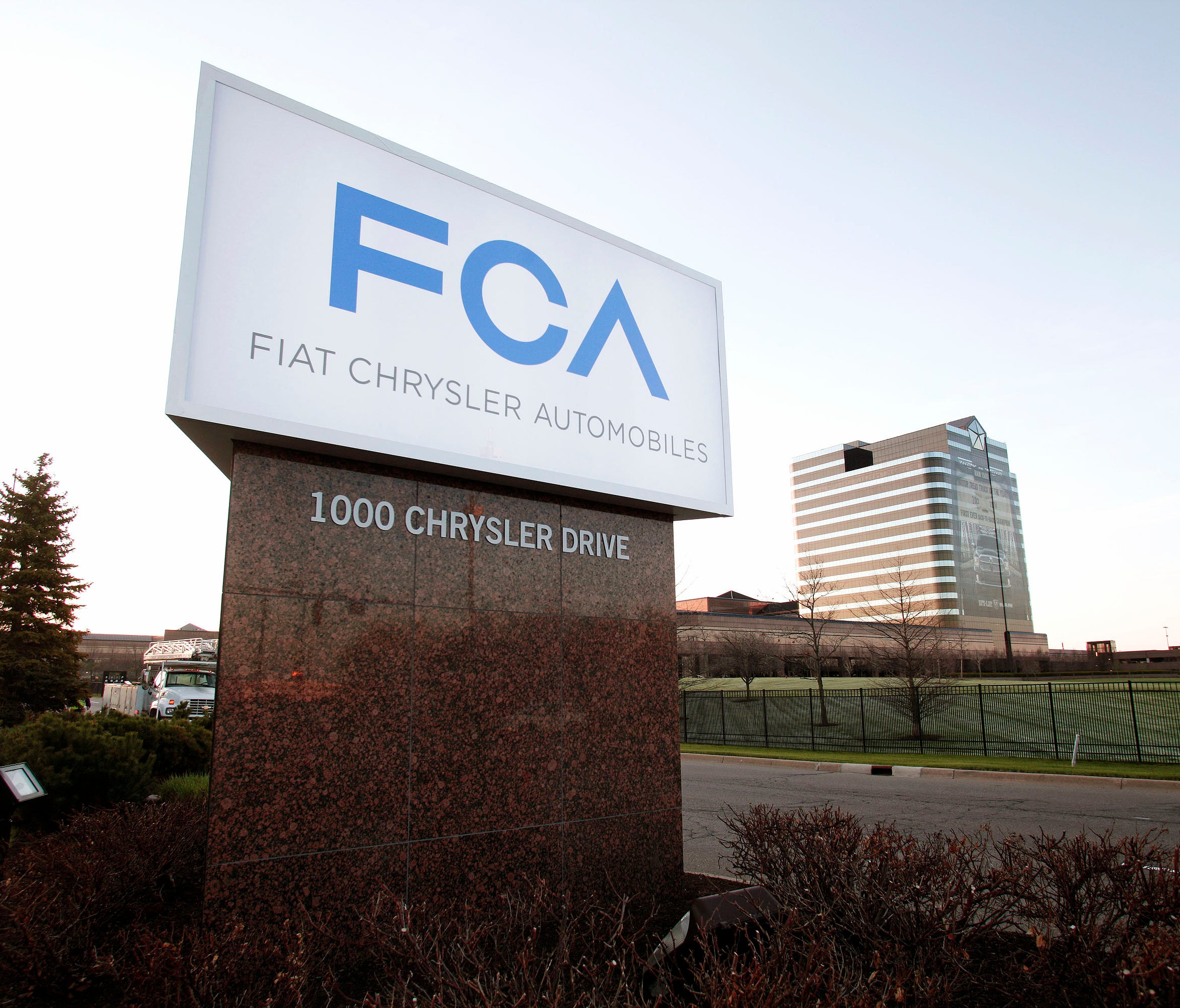 The Fiat Chrysler Automobiles Group sign is shown at the Chrysler Group headquarters in Auburn Hills, Mich.