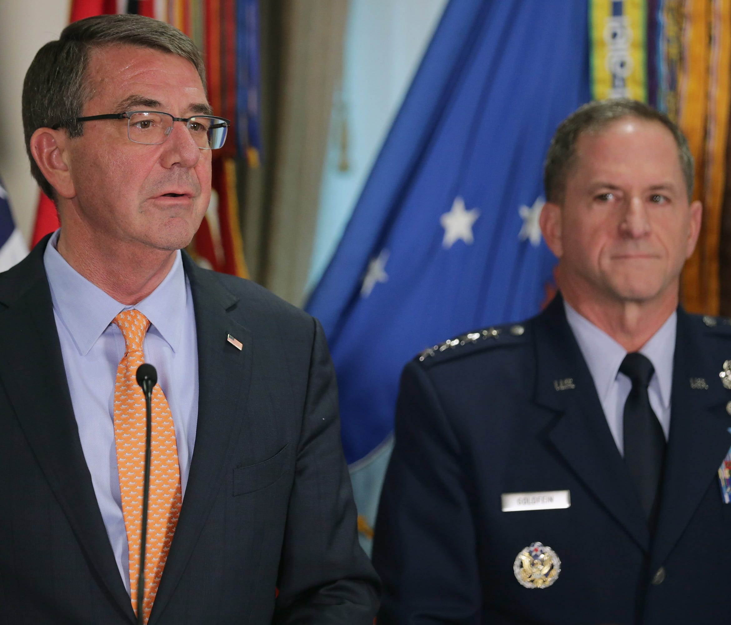Gen. David Goldfein is introduced as the nominee for U.S. Air Force chief of staff by Defense Secretary Ash Carter at the Pentagon on April  29, 2016.