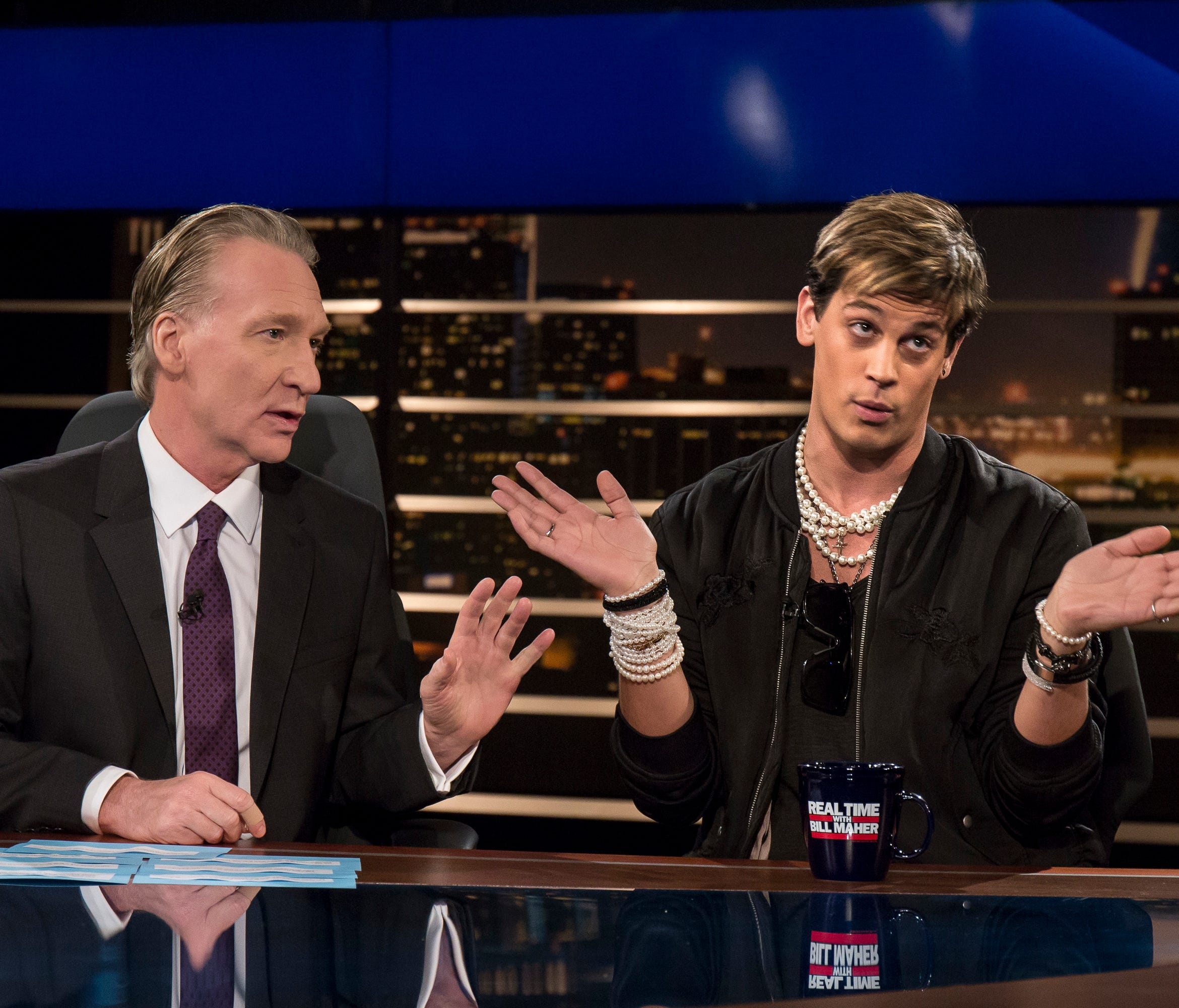 Bill Maher, and Breitbart News' Milo Yiannopoulos on HBO's 'Real Time with Bill Maher,' Feb. 17, 2017, in Los Angeles.