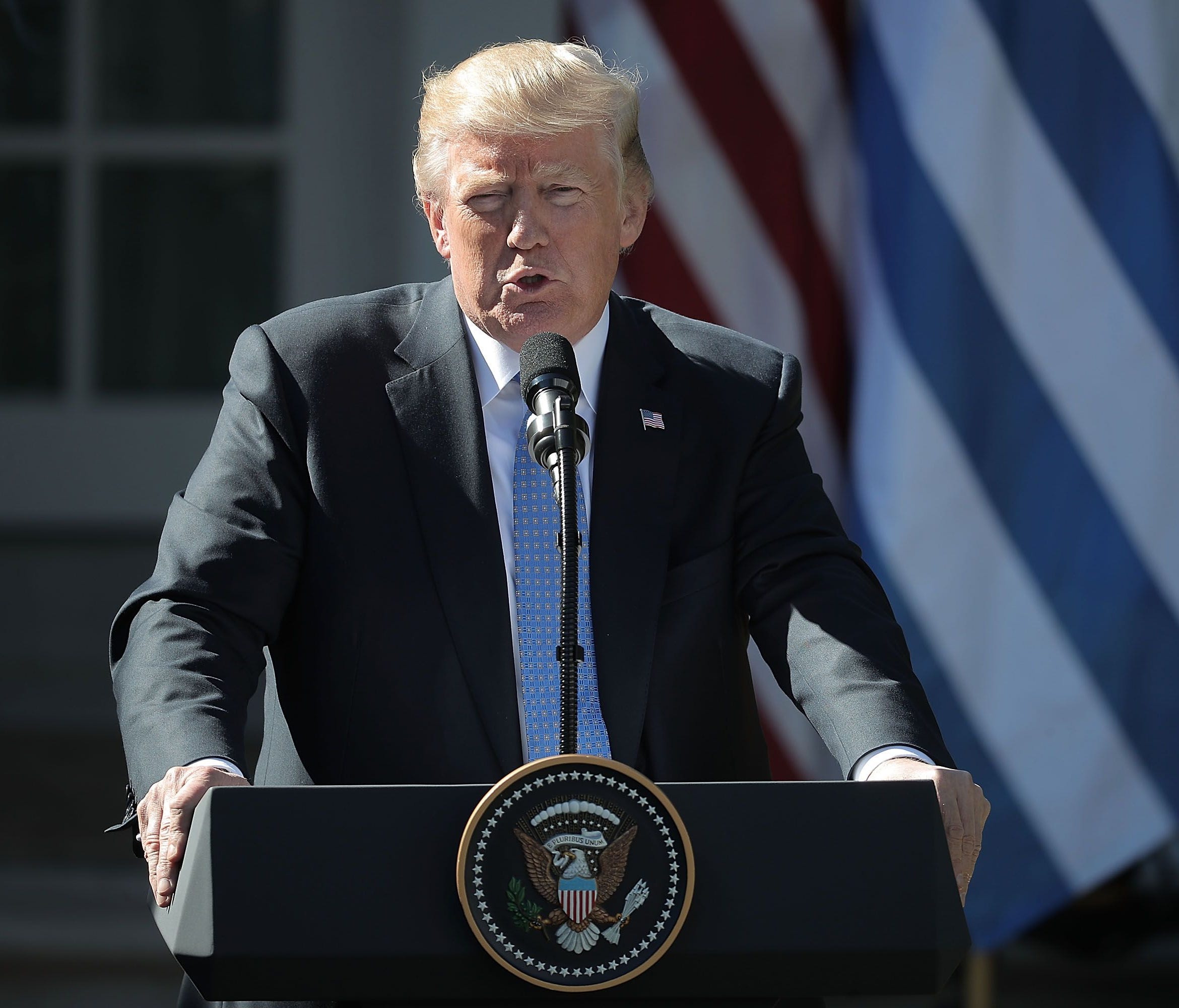 WASHINGTON, DC - OCTOBER 17:  U.S. President Donald Trump speaks during a news conference with Greek Prime Minister Alexis Tsipras in the Rose Gard at the White House October 17, 2017 in Washington, DC. A left-wing socialist, Tsipras was critical of 