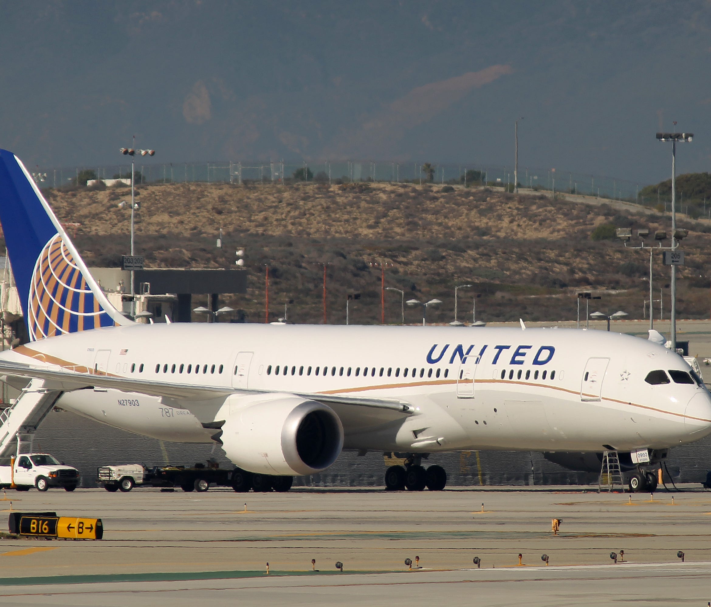 A Boeing 787 Dreamliner jet operated by United Airlines is shown parked at Los Angeles International Airport on Jan. 9, 2013. The FAA had grounded all U.S.-registered Boeing 787 jets for the repair of batteries believed to be linked to a fire risk.