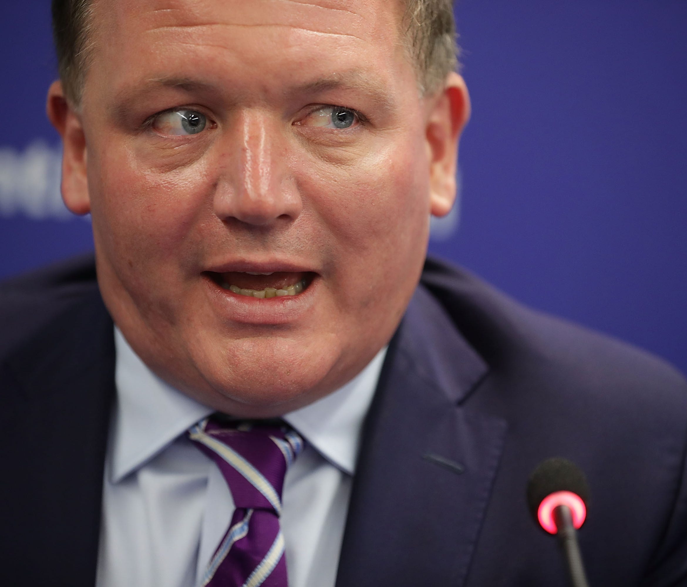 Damian Collins, member of Britain's House of Commons, speaks during a news conference with American and European counterparts at the Atlantic Council July 16, 2018, in Washington, D.C.