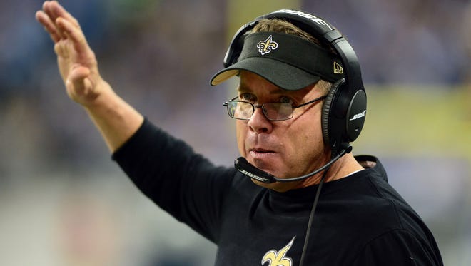 New Orleans Saints head coach Sean Payton gestures on the sidelines during the third quarter against the Detroit Lions at Ford Field.