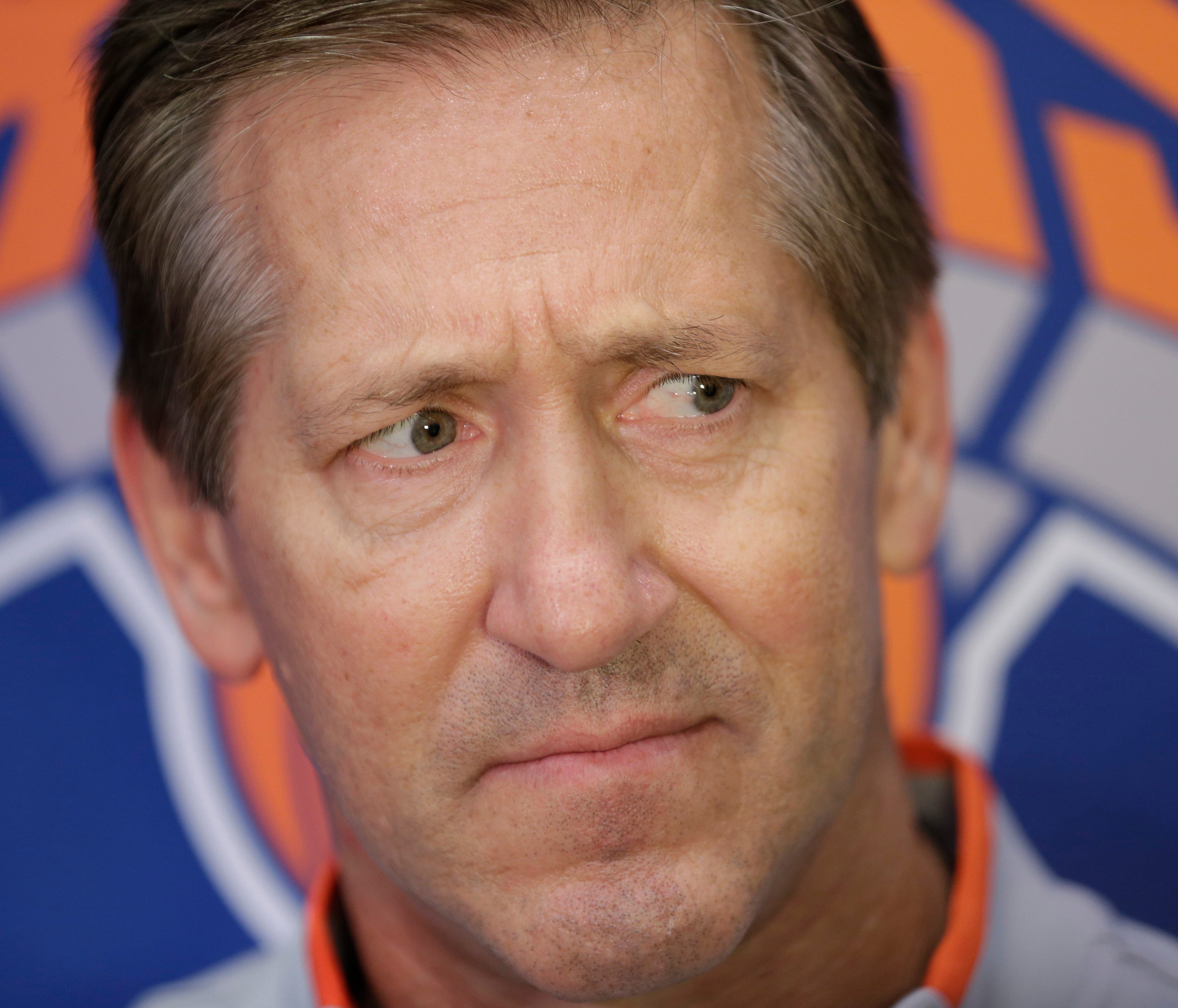 New York Knicks head coach Jeff Hornacek talks to reporters after a practice in Greenburgh, N.Y., Tuesday, Sept. 26, 2017. (AP Photo/Seth Wenig) ORG XMIT: NYSW111