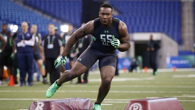 Eastern Kentucky defensive lineman Noah Spence participates in a drill during the 2016 NFL scouting combine at Lucas Oil Stadium.