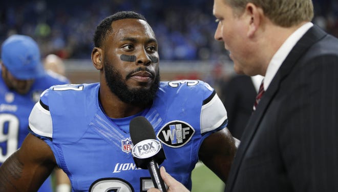 Detroit Lions strong safety Rafael Bush does an interview after a game against the Los Angeles Rams on Oct. 16, 2016, at Ford Field.