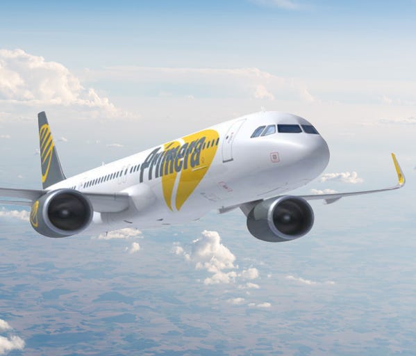 This rendering, provided by aircraft lessor AerCap, shows an Airbus A321in the colors of Primera Air.