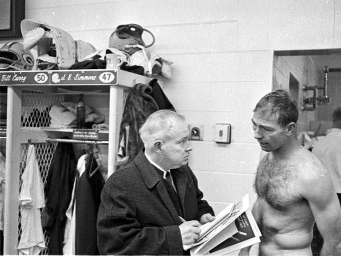 Green Bay Press-Gazette sports writer Lee Remmel interviews Green Bay Packers quarterback Bart Starr after Green Bay’s 13-10 victory over the Baltimore Colts in overtime in the Western Division championship game at Lambeau Field on Dec. 26, 1965.