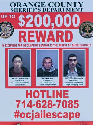 The reward for information leading to the arrest of the  the three escaped inmates from the Orange County Central Men's Jail. Hossein Nayeri, Jonathan Tieu and Bac Duong are believed to be dangerous and all were awaiting trial for separate violent felonies, authorities said.