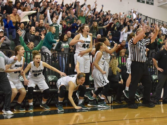 The Mason bench and fans erupt after a late 3 point