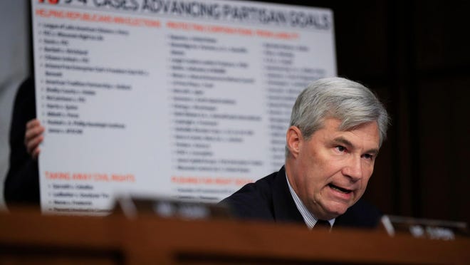 Rhode Island Sen. Sheldon Whitehouse speaks during Supreme Court nominee Brett Kavanaugh's hearing before the Senate Judiciary Committee in 2018. With the nomination of Amy Coney Barrett to the Supreme Court, the spotlight turns back to Whitehouse, whose Judiciary Committee questioning of Kavanaugh infuriated Republicans.