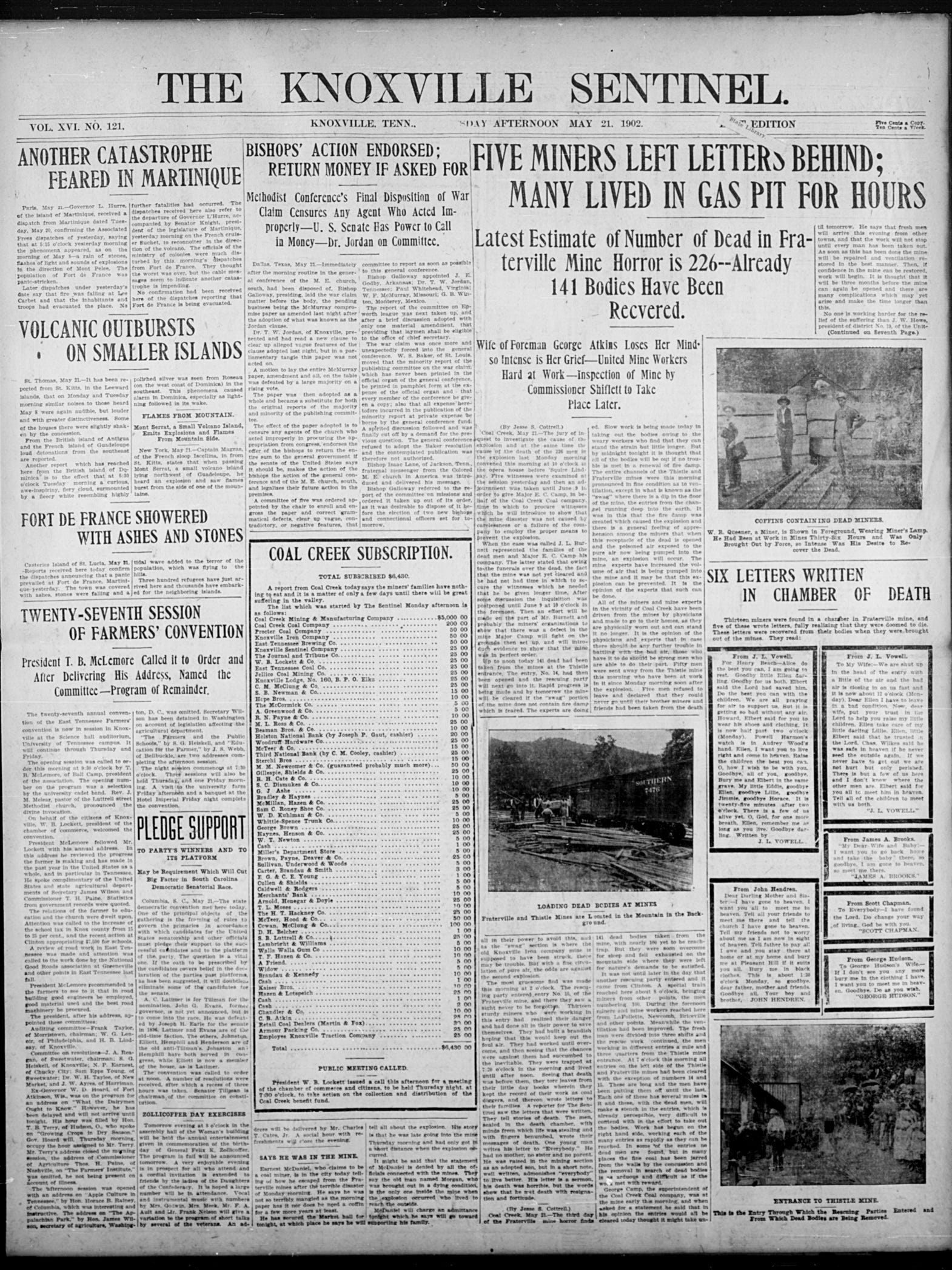 The May 21, 1902 edition of the Knoxville Sentinel, detailing the Fraterville Mine disaster two days previously.