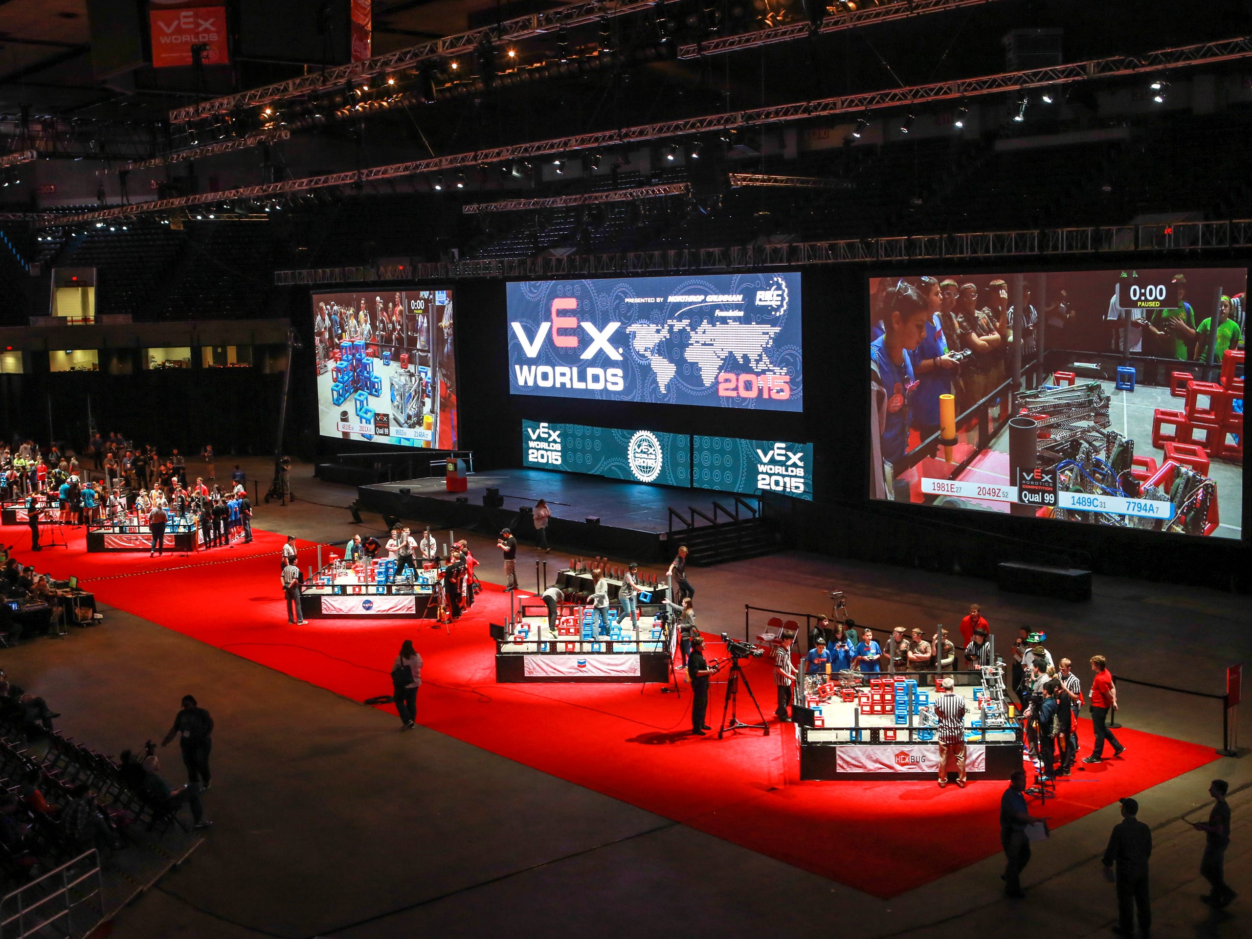 An overview of the finals area that will be used Saturday for the Vex Robotics World Championship High School competitions. "Each one of the teams bring a piece of their culture here to the world championship for all to enjoy," Vex Robotics marketing manager Grant Cox said. April 17, 2015