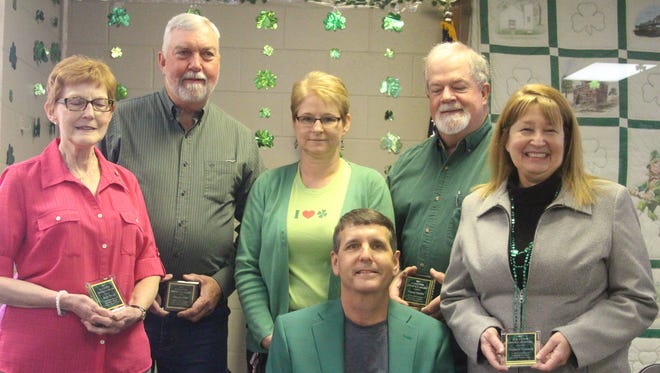 2017 Lord High Mayor, Tim Cleghern, seated, and Emerald Award winners (left to right) Joyce Pryor, Jimmy Felts, Vena Fredericks, Marty Moore, Melinda Conwell.
