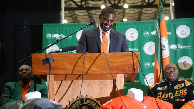 FAMU's new Head Football Coach Willie Simmons speaks at a press conference held at the Al Lawson Center Tuesday, Dec 12.