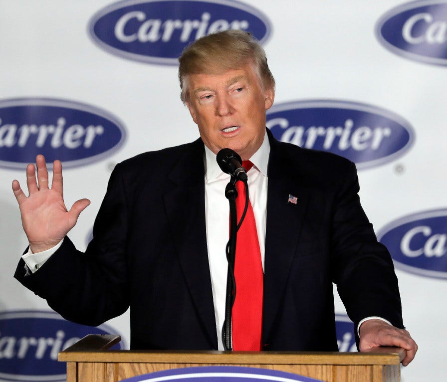 President-elect Donald Trump speaks at Carrier Corp. on Dec. 1, 2016, in Indianapolis.
