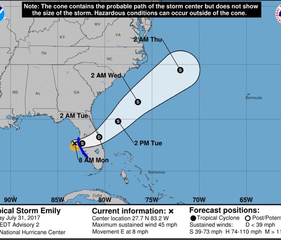 Tropical Storm Emily formed in the Gulf of Mexico on Monday, July 31, 2017.