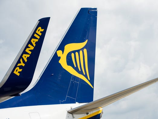 A Ryanair jet at the Charleroi Airport in Belgium on