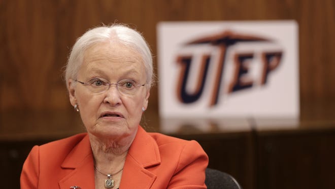 University of Texas at El Paso President Diana Natalicio talks about being included in the 2016 TIME 100 list of the most influential people in the world during a news conference Thursday at the UTEP Administration Building.